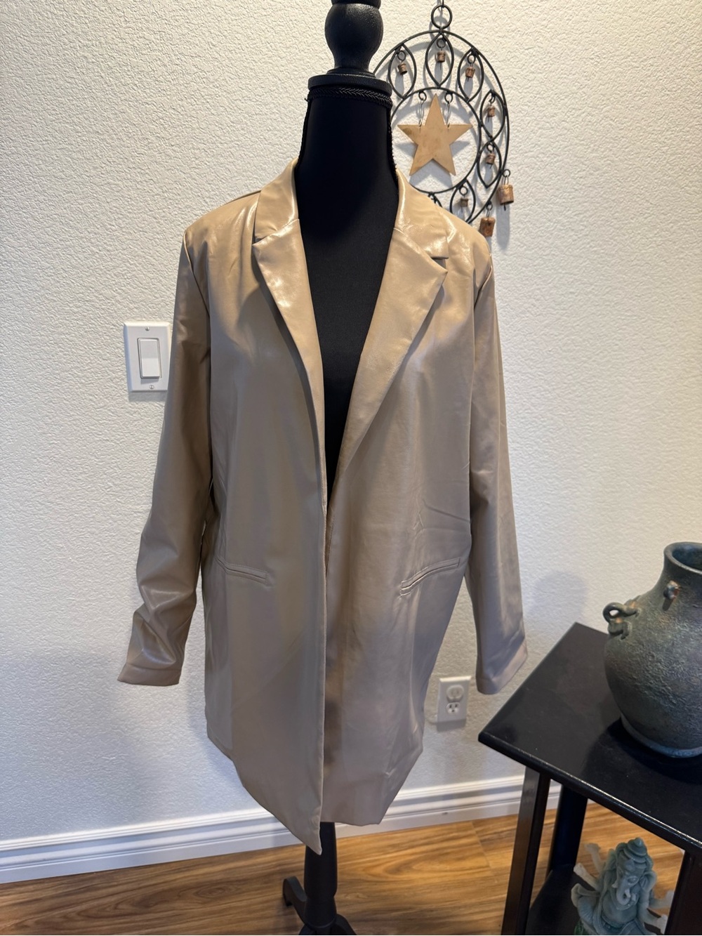 Better Be Light Taupe Faux Leather Open Blazer
